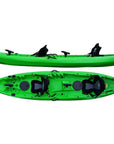 Top and side view of Cambridge Kayaks Sunfish double sit on top fishing kayak in green showing seating and storage layout