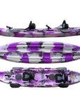 Cambridge Kayaks Sunfish Double Fishing Kayak in purple camo colour, overhead photo of full hull displaying seat positions and deck fittings for recreational paddling in the UK.