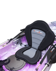 Cambridge Kayaks Sunfish Double Fishing Kayak in purple camo colour, top-down shot showing twin seating and hatch layout for family or tandem use in UK waters.