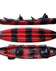 Cambridge Kayaks Sunfish Double Fishing Kayak in red black camo design, complete top view showing dual seating layout with storage hatch and deck fittings for UK fishing trips.