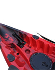 Cambridge Kayaks Sunfish Double Fishing Kayak in red black camo pattern, rear photo showing cargo well with bungee cords and stern handle for easy carrying on UK beaches or rivers.