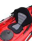 Cambridge Kayaks Sunfish Double Fishing Kayak in red, close-up middeck photo highlighting seat bases, moulded footrests and hatch fittings for UK users.
