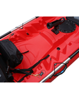 Cambridge Kayaks Sunfish Double Fishing Kayak in red, side image showing hull shape, paddle fixings and drainage plugs for stability in UK kayaking conditions.