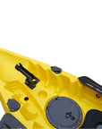 Cambridge Kayaks Sunfish Double Fishing Kayak in yellow colour, angled front photo showing storage hatch, bow handle and seat arrangement for family use around UK shores.