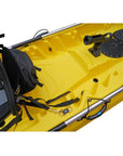 Cambridge Kayaks Sunfish Double Fishing Kayak in yellow, mid-deck close-up showing seat fittings, rod holders and moulded footrests used for fishing trips in the UK.