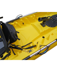 Cambridge Kayaks Sunfish Double Fishing Kayak in yellow, mid-deck close-up showing seat fittings, rod holders and moulded footrests used for fishing trips in the UK.