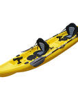 Cambridge Kayaks Sunfish Double Fishing Kayak in yellow colour, rear-to-front angle displaying cargo storage area with bungee cords and drainage plugs for UK paddlers.