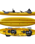 Cambridge Kayaks Sunfish Double Fishing Kayak in bright yellow finish, overhead image showing twin seat arrangement and deck details for family leisure kayaking in UK waters.