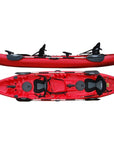 Top and side profile of the Cambridge Kayaks Sunfish Leisure Double Fishing Kayak in red, showcasing its dual seating arrangement, rod holders, cargo area, and streamlined hull built for smooth tracking and all-round recreational use.