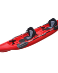 The Cambridge Kayaks Sunfish Leisure Double Fishing Kayak in striking red, equipped with two padded seats, storage hatches, and paddle holders. Perfect for family outings or fishing trips, combining stability, durability, and sleek design.