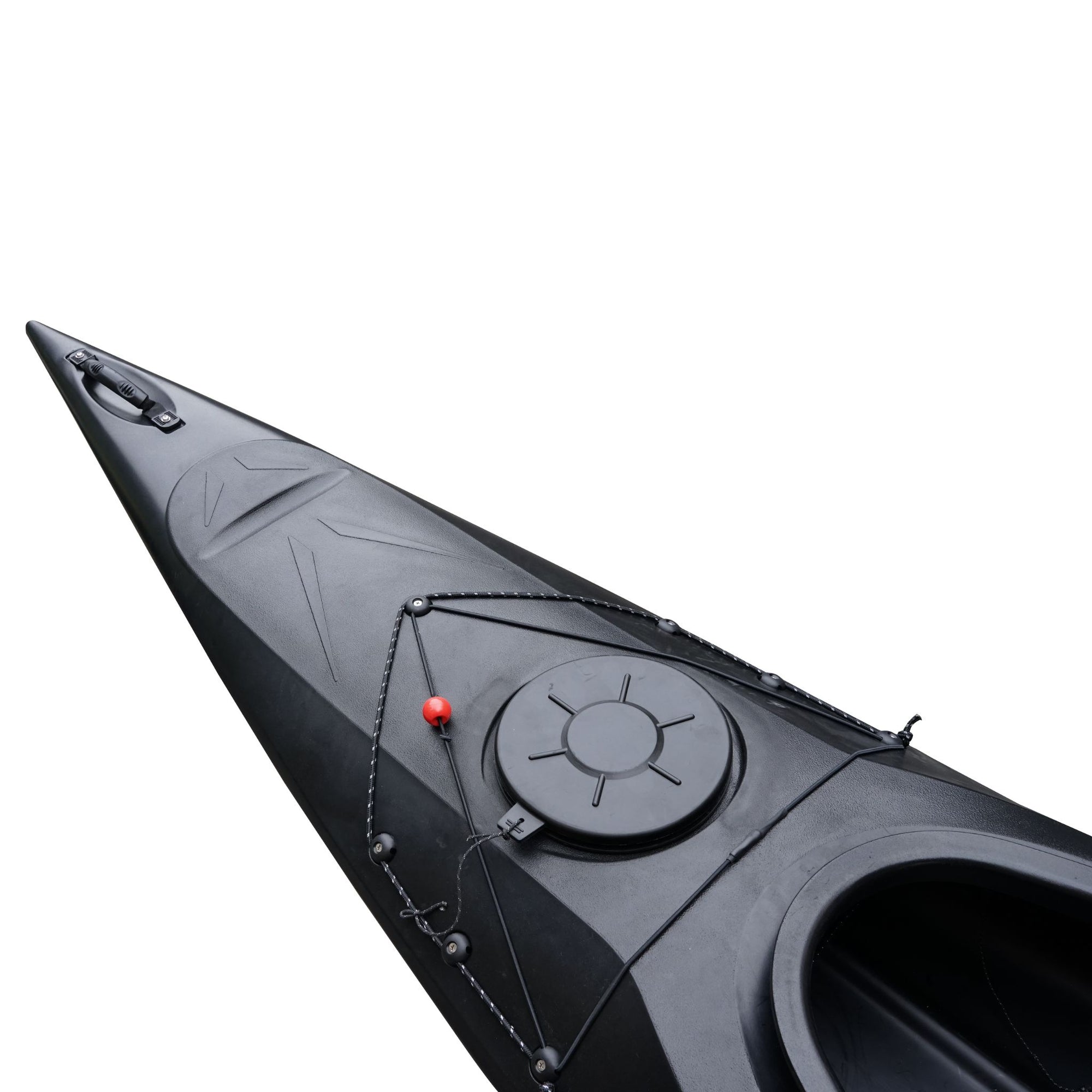 Cockpit view of the Cambridge Kayaks touring kayak in black, featuring spacious sit-inside layout and secure storage hatches.