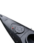 Cockpit view of the Cambridge Kayaks touring kayak in black, featuring spacious sit-inside layout and secure storage hatches.