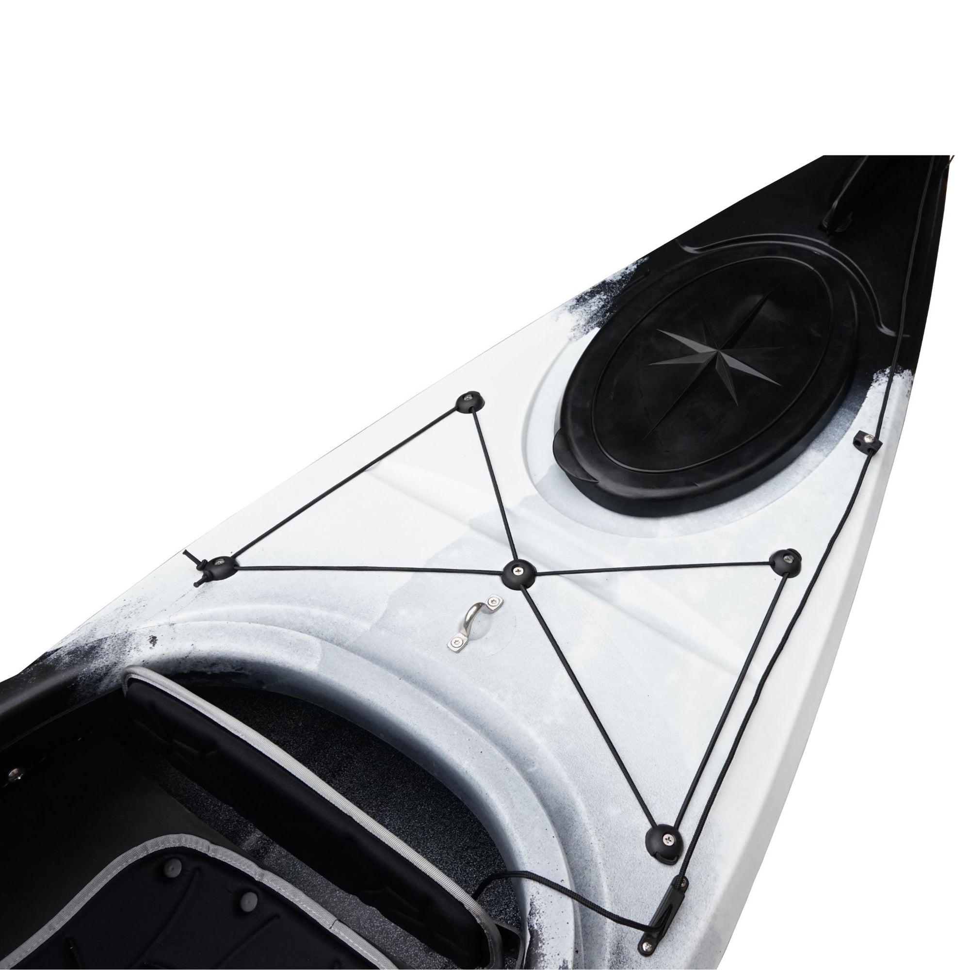 Close-up of the Cambridge Kayaks touring kayak in black white camo, showing contoured seat and front hatch access.