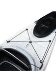 Close-up of the Cambridge Kayaks touring kayak in black white camo, showing contoured seat and front hatch access.