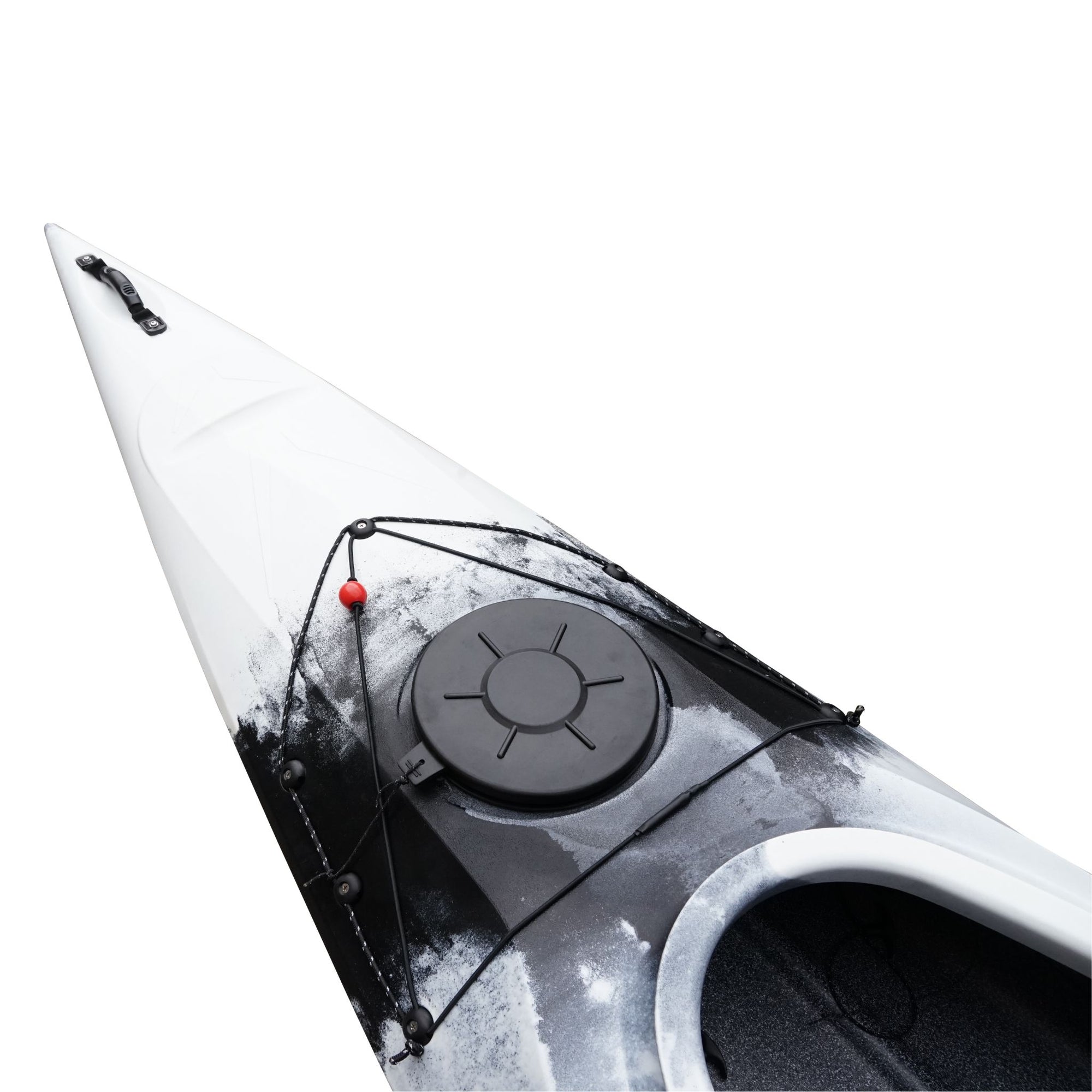 Deck detail of the Cambridge Kayaks touring kayak in black white camo, featuring rugged dual-tone pattern and adjustable bungee straps.
