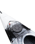Deck detail of the Cambridge Kayaks touring kayak in black white camo, featuring rugged dual-tone pattern and adjustable bungee straps.