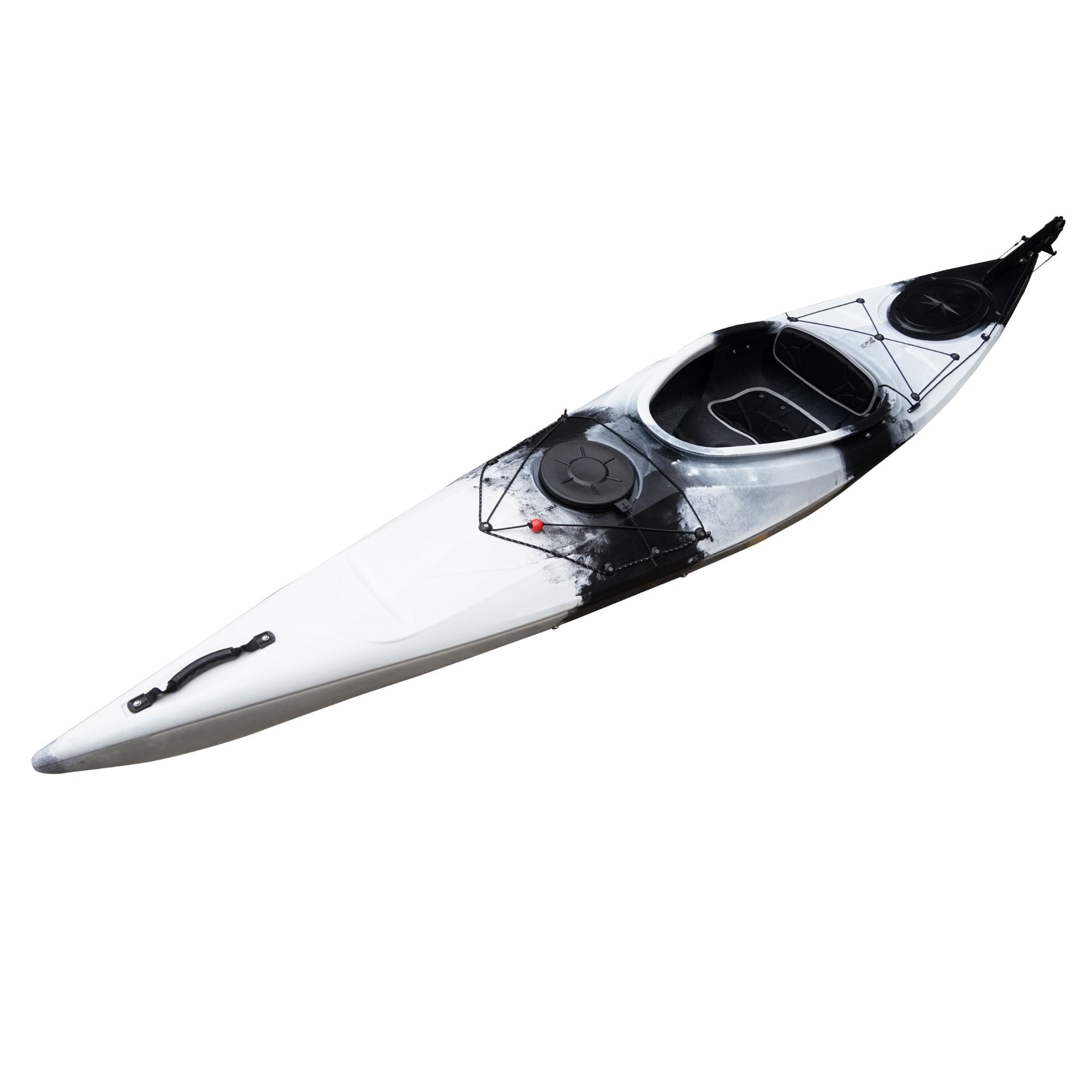 Cambridge Kayaks touring kayak in black white camo, front angled view featuring bold camouflage finish for fishing and exploration.