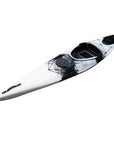 Cambridge Kayaks touring kayak in black white camo, front angled view featuring bold camouflage finish for fishing and exploration.