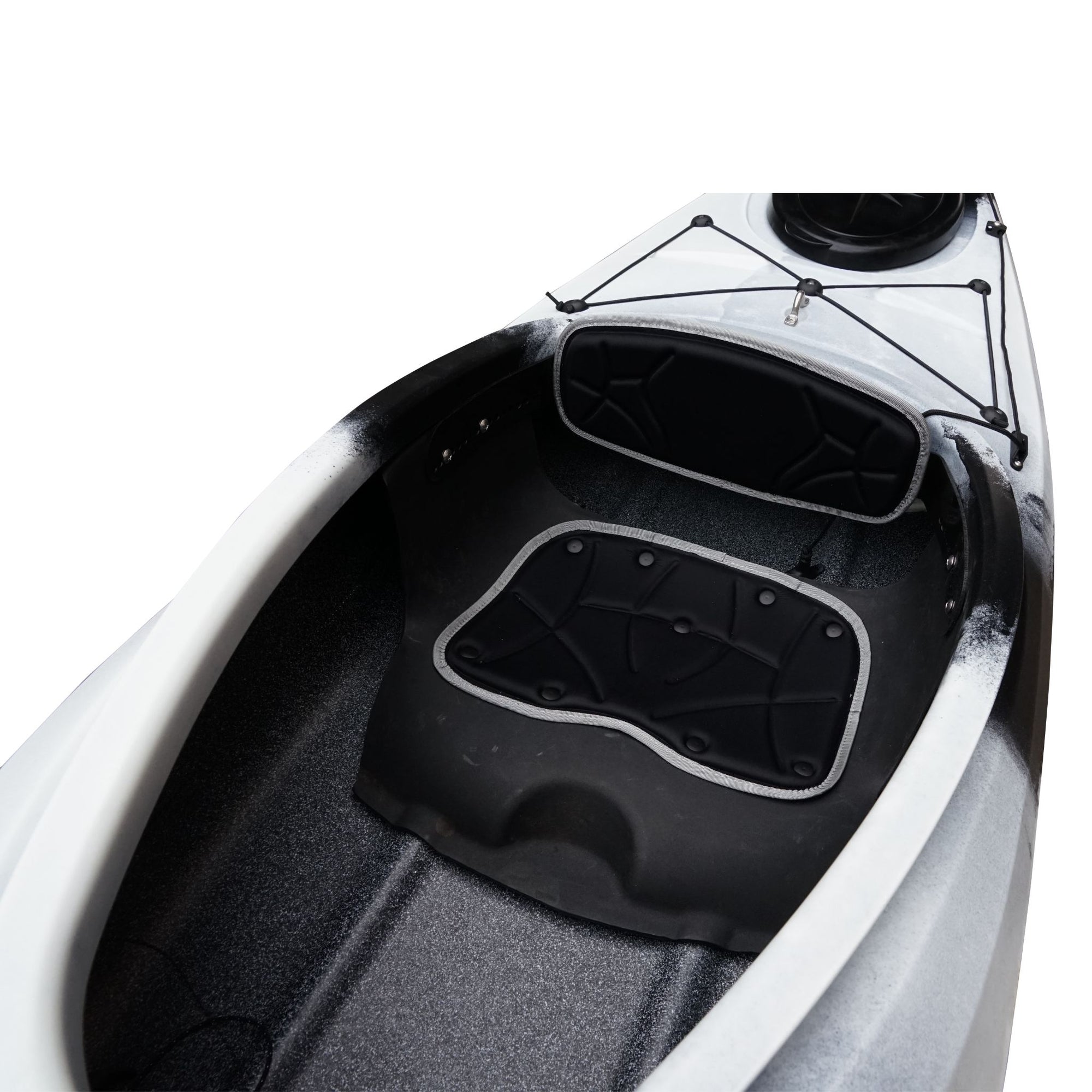 Side profile of the Cambridge Kayaks touring kayak in black white camo, combining stability, durability, and striking design.