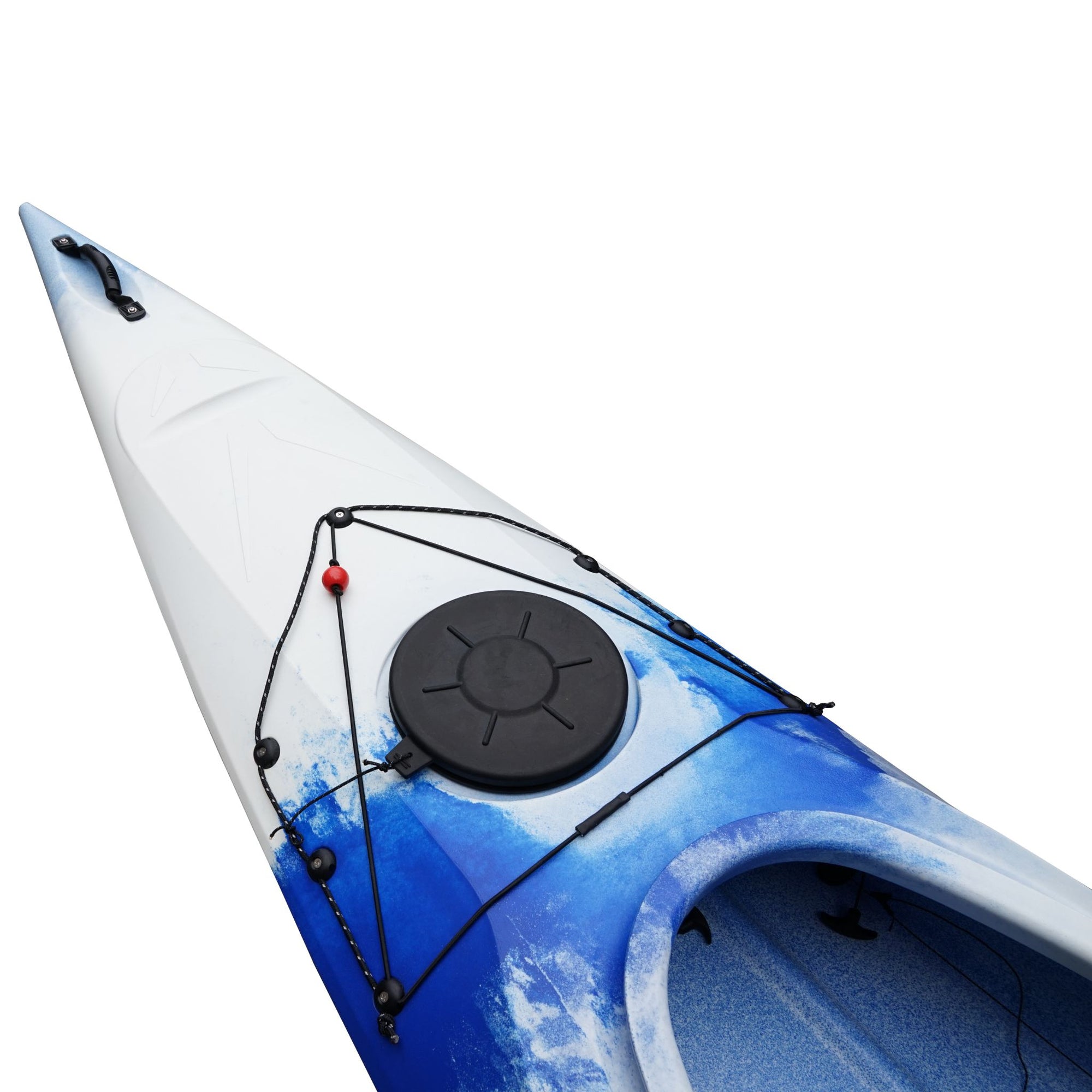 Cockpit view of the Cambridge Kayaks touring kayak in blue white, highlighting ergonomic seating and deck rigging.