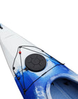 Cockpit view of the Cambridge Kayaks touring kayak in blue white, highlighting ergonomic seating and deck rigging.