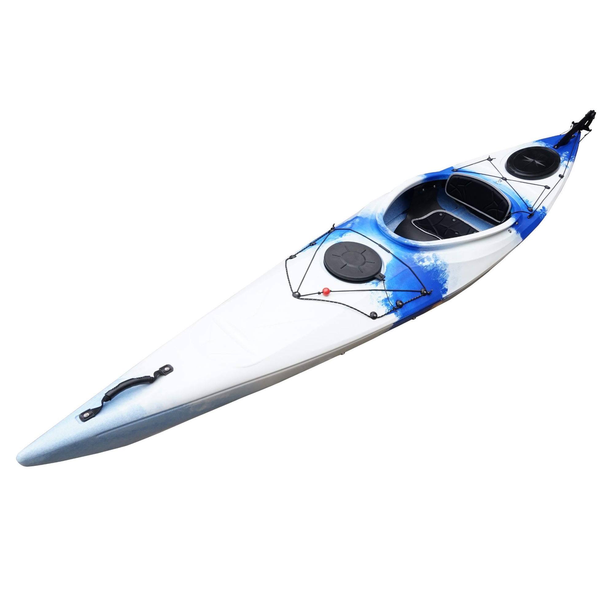 Deck detail of the Cambridge Kayaks touring kayak in blue white, featuring waterproof hatch and premium hardware fittings.
