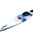 Deck detail of the Cambridge Kayaks touring kayak in blue white, featuring waterproof hatch and premium hardware fittings.