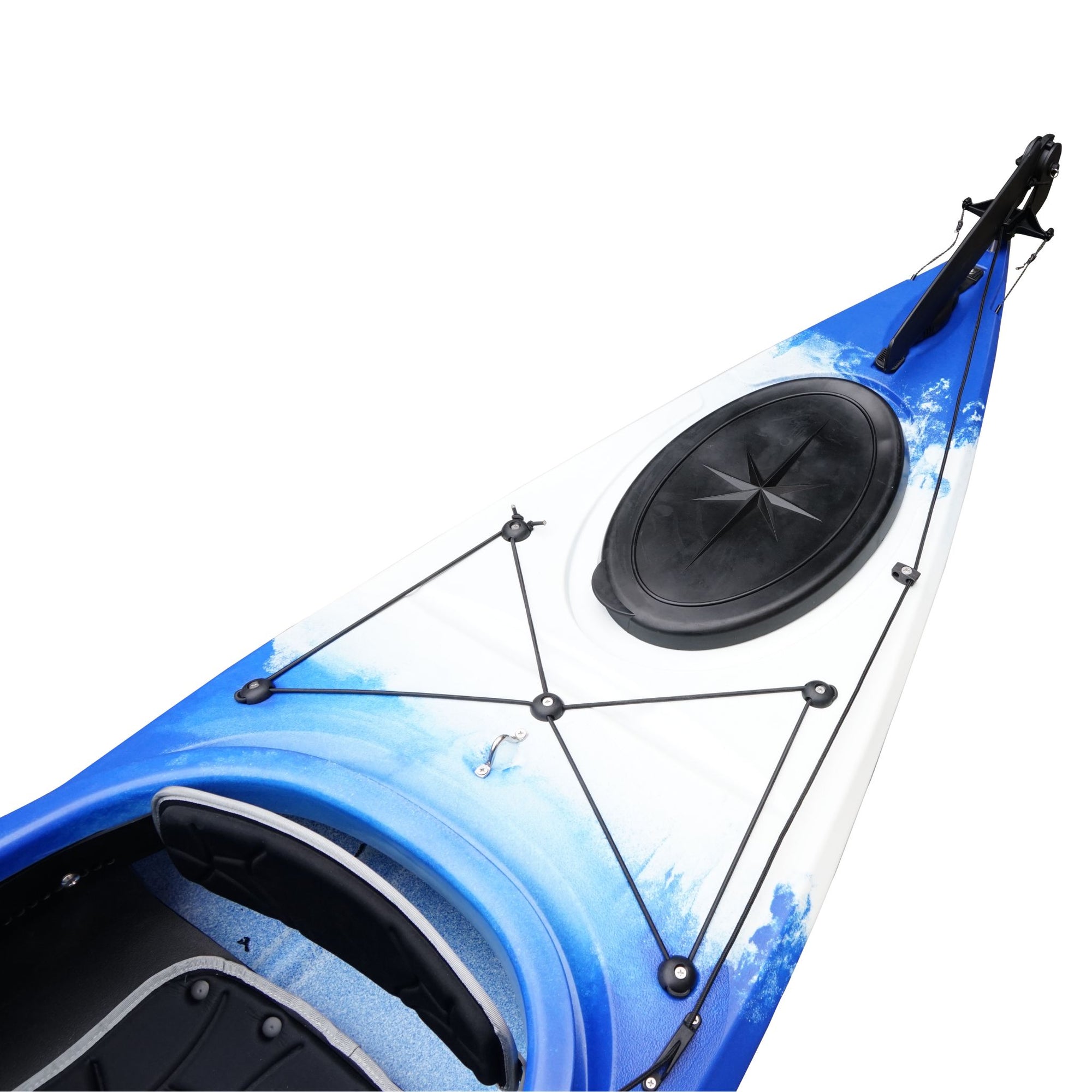 Cambridge Kayaks touring kayak in blue white, front angled view showing marine-inspired colour blend and hydrodynamic bow.