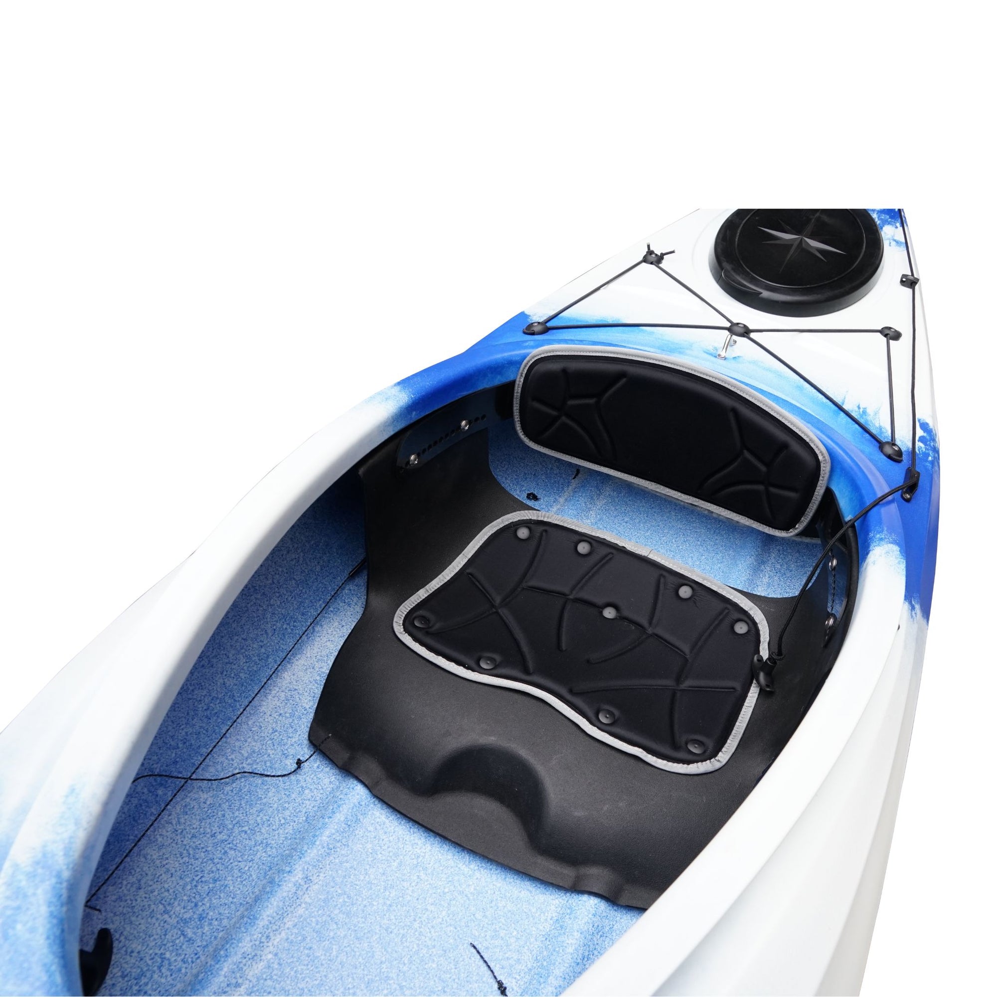 Side profile of the Cambridge Kayaks touring kayak in blue white, designed for smooth tracking and wave performance.