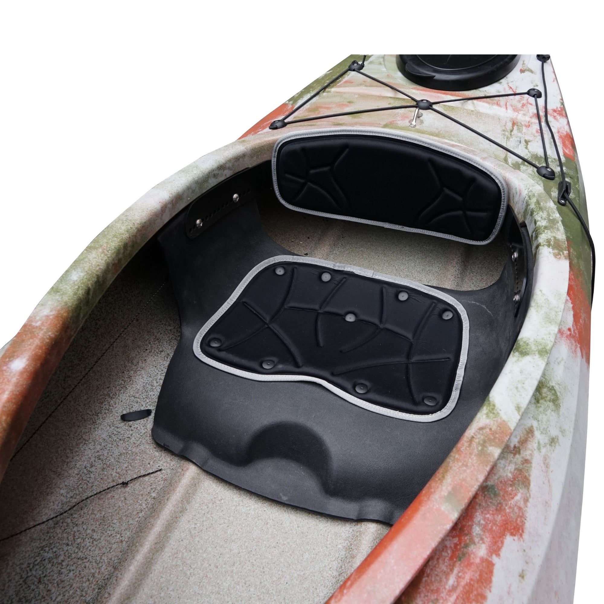 Cockpit view of the Cambridge Kayaks touring kayak in jungle camo, showing seat position, foot braces, and easy entry access.