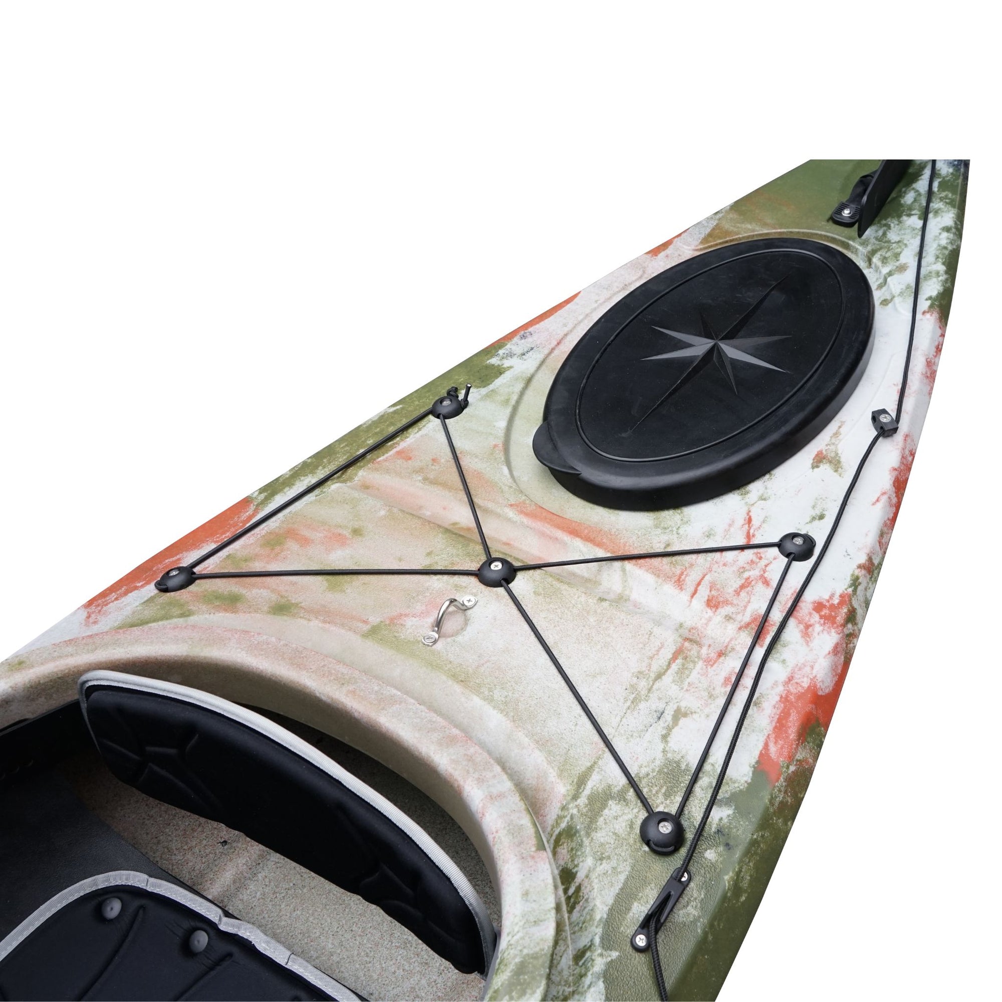 Deck detail of the Cambridge Kayaks touring kayak in jungle camo, built with secure hatches and carry handles for portability.