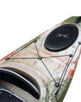 Deck detail of the Cambridge Kayaks touring kayak in jungle camo, built with secure hatches and carry handles for portability.