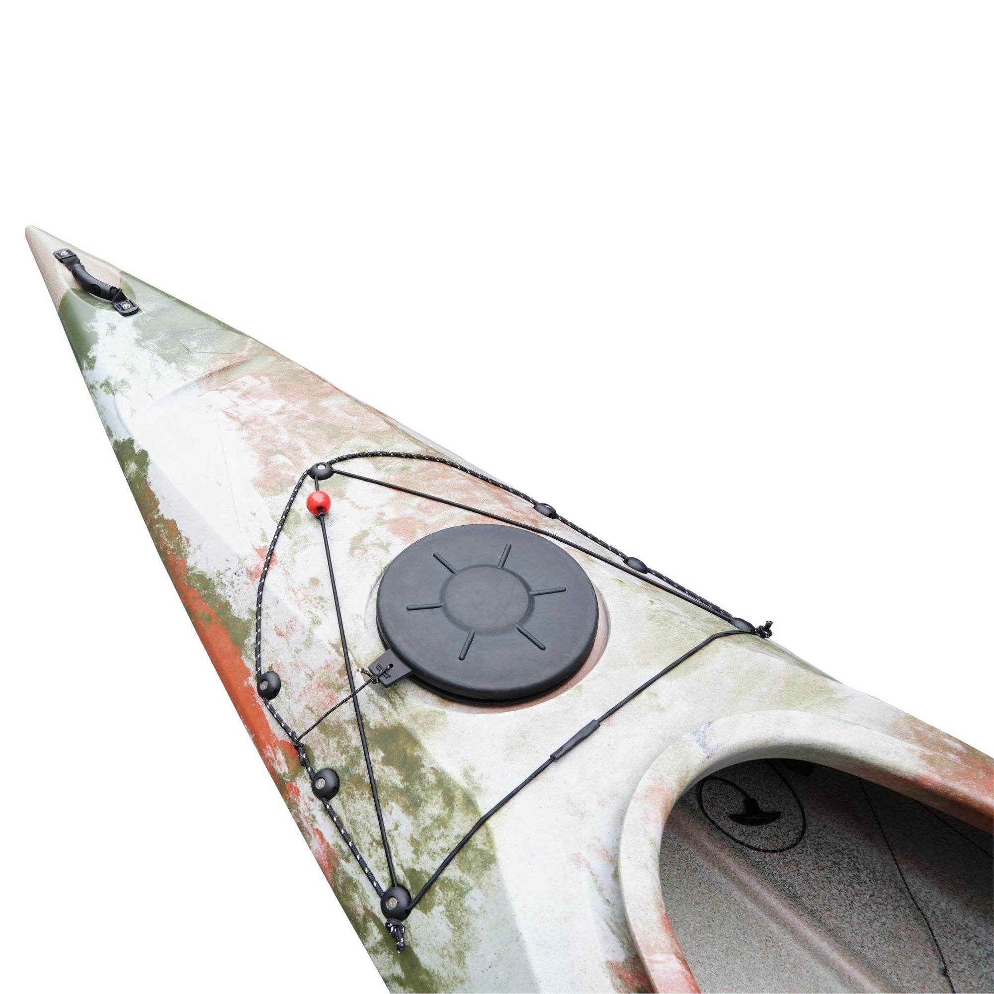 Cambridge Kayaks touring kayak in jungle camo, front angled view showcasing camouflage print ideal for fishing and wildlife trips.