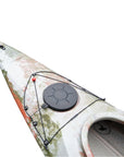 Cambridge Kayaks touring kayak in jungle camo, front angled view showcasing camouflage print ideal for fishing and wildlife trips.