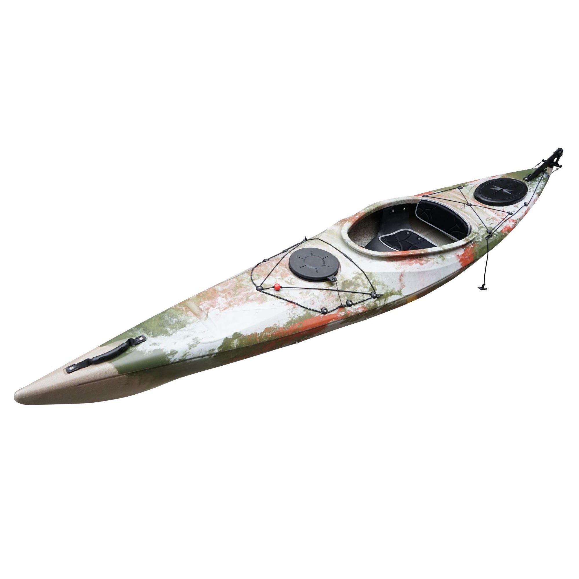 Side profile of the Cambridge Kayaks touring kayak in jungle camo, designed for outdoor exploration and rugged environments.