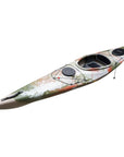 Side profile of the Cambridge Kayaks touring kayak in jungle camo, designed for outdoor exploration and rugged environments.