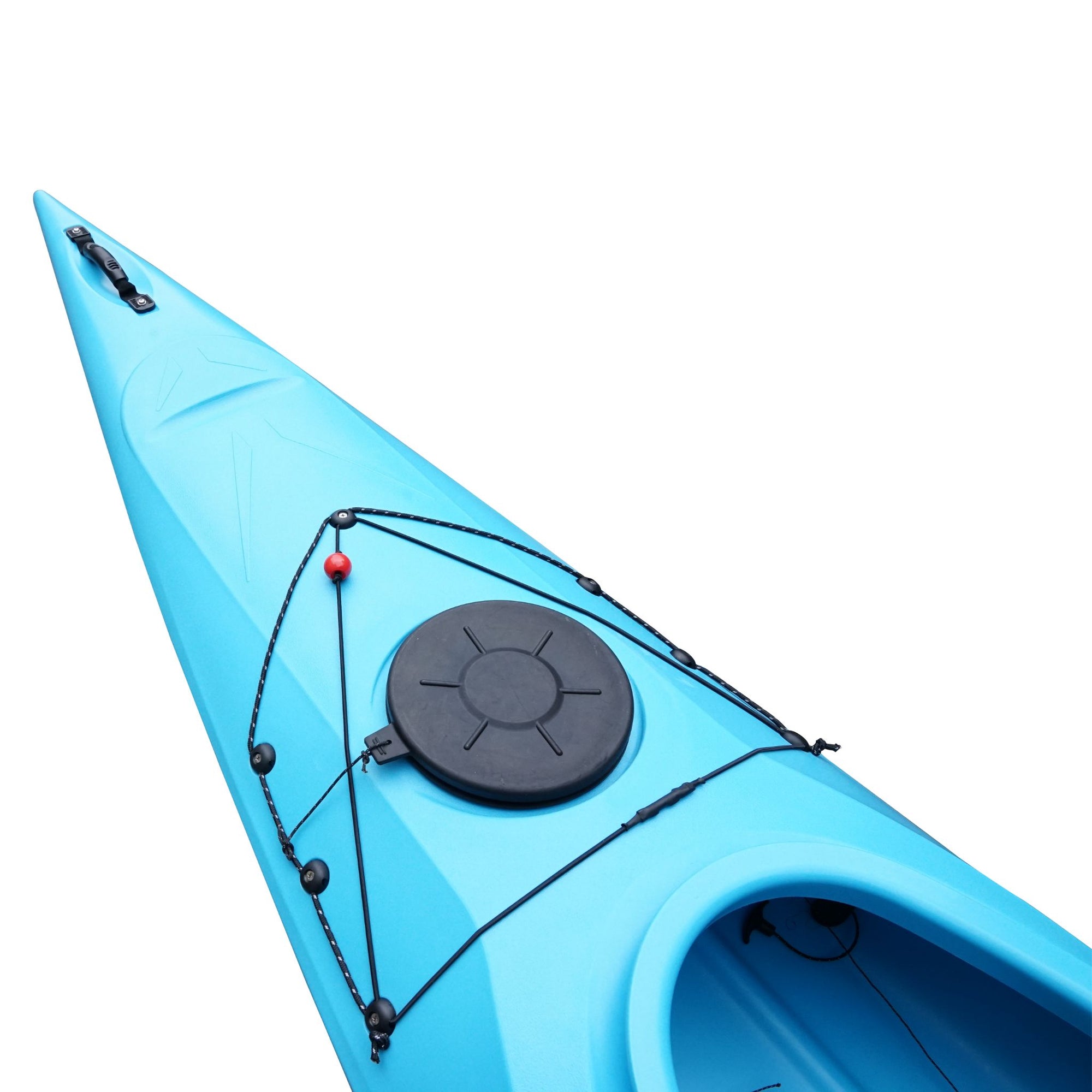 Deck detail of the Cambridge Kayaks touring kayak in light blue, featuring center hatch and secure storage options.