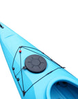 Deck detail of the Cambridge Kayaks touring kayak in light blue, featuring center hatch and secure storage options.