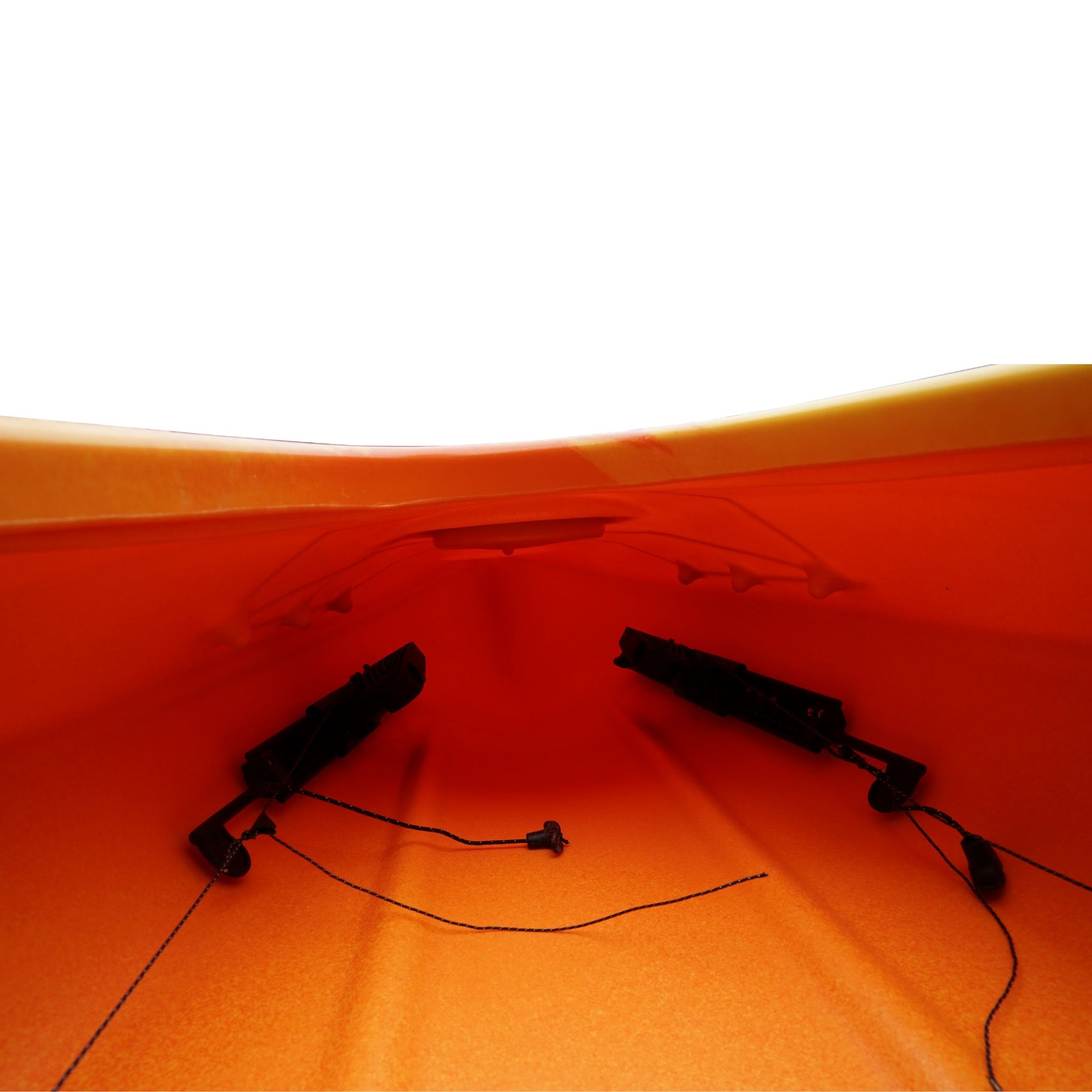 Cockpit view of the Cambridge Kayaks touring kayak in orange camo, showcasing molded seat and waterproof hatch lid.