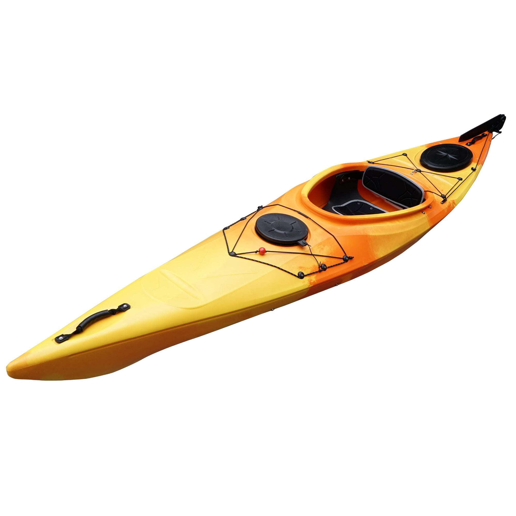 Deck detail of the Cambridge Kayaks touring kayak in orange camo, featuring tie-down bungees and adjustable foot pedals.