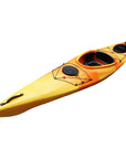 Deck detail of the Cambridge Kayaks touring kayak in orange camo, featuring tie-down bungees and adjustable foot pedals.