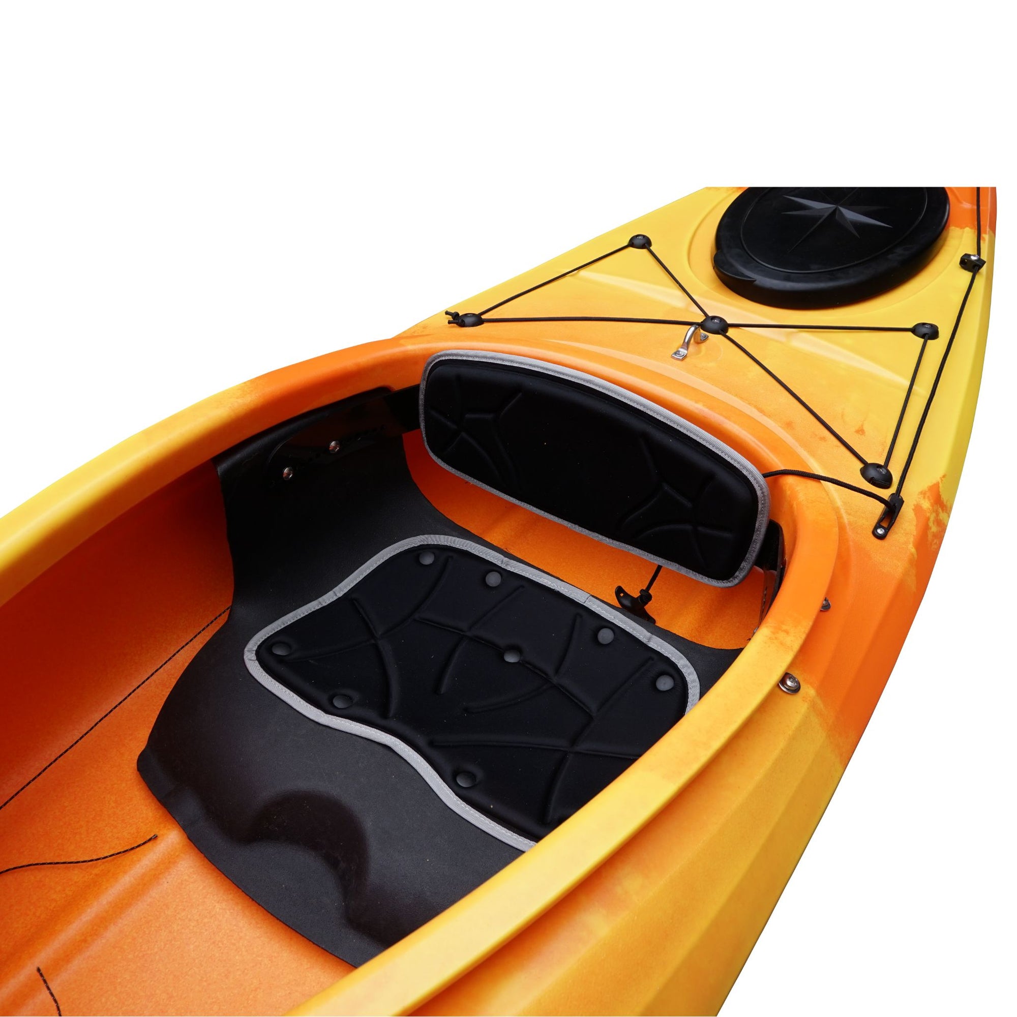 Cambridge Kayaks touring kayak in orange camo, front angled view showing vibrant camouflage design and sleek contours.
