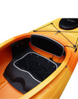 Cambridge Kayaks touring kayak in orange camo, front angled view showing vibrant camouflage design and sleek contours.