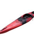 Cockpit view of the Cambridge Kayaks touring kayak in red black camo, showing spacious seating area and hatch design.