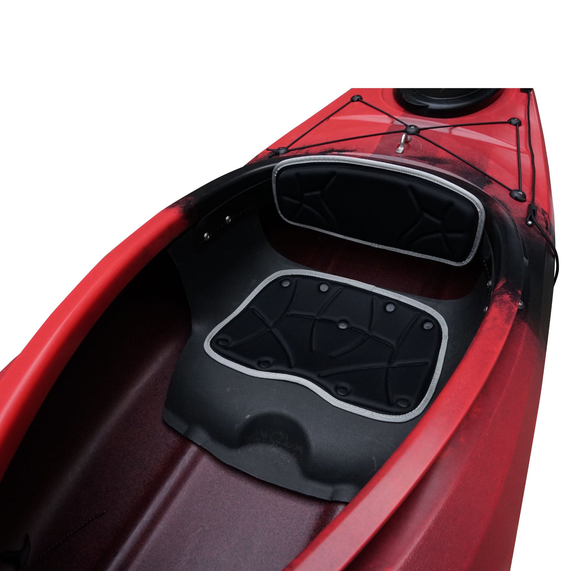 Deck detail of the Cambridge Kayaks touring kayak in red black camo, highlighting premium fittings, bungee cords, and hatch seals.