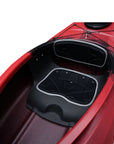 Deck detail of the Cambridge Kayaks touring kayak in red black camo, highlighting premium fittings, bungee cords, and hatch seals.