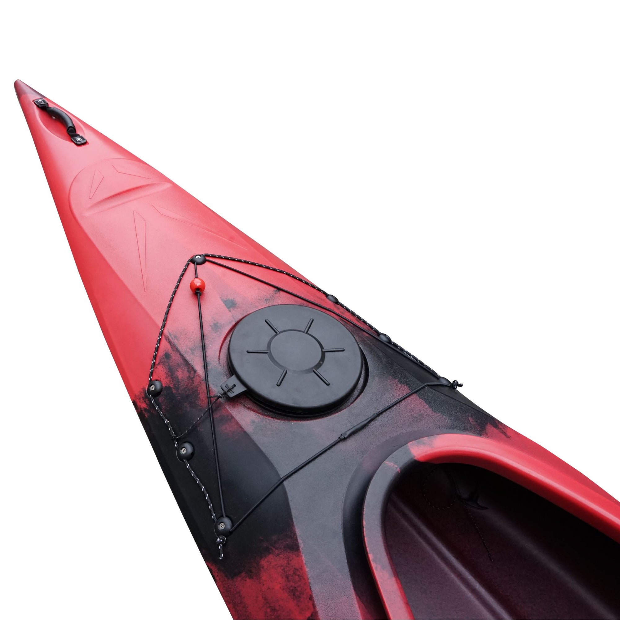 Cambridge Kayaks touring kayak in red black camo, front angled view with dynamic camouflage pattern and reinforced hull.