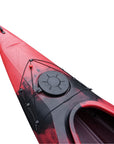 Cambridge Kayaks touring kayak in red black camo, front angled view with dynamic camouflage pattern and reinforced hull.