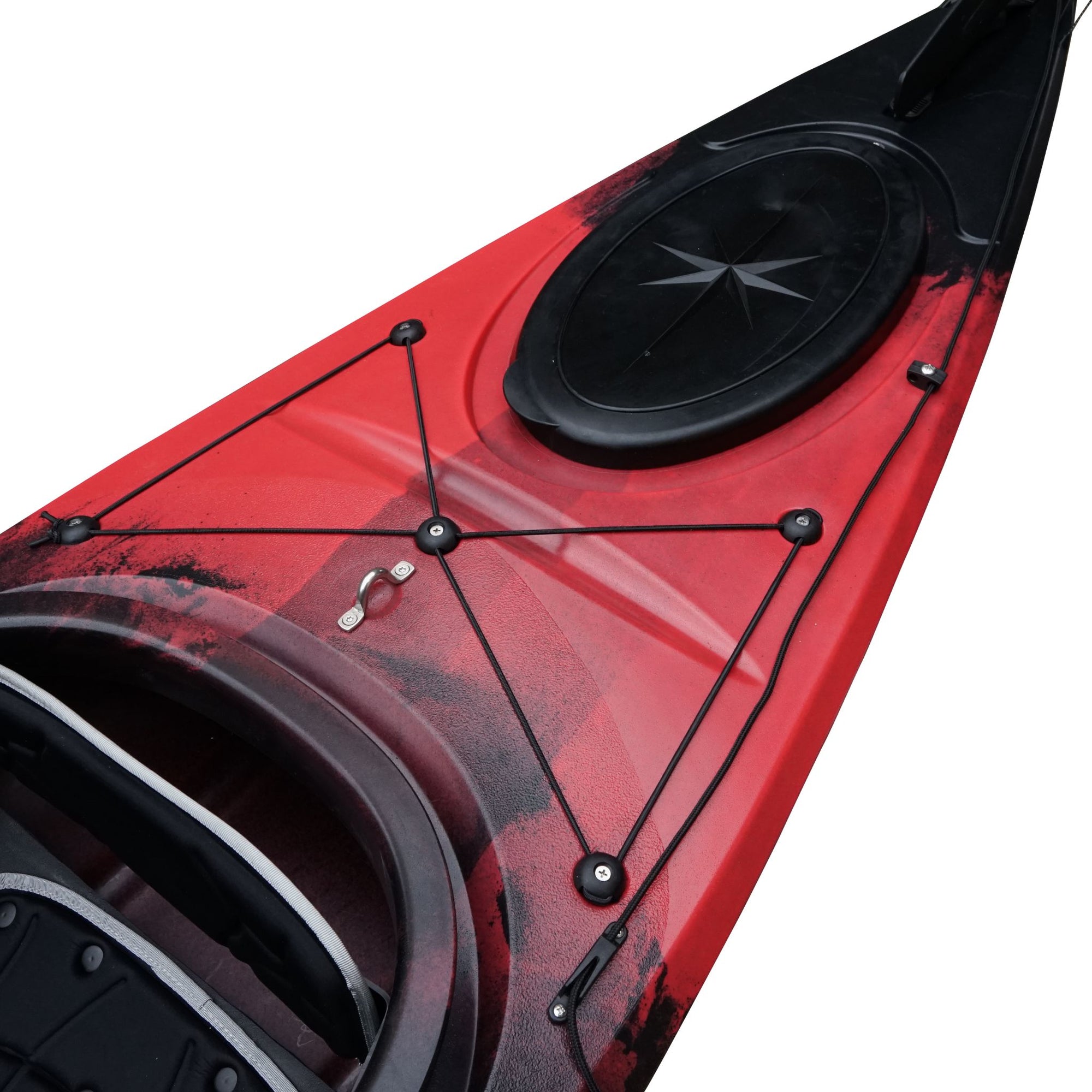 Side profile of the Cambridge Kayaks touring kayak in red black camo, durable construction for stable paddling and adventure trips.