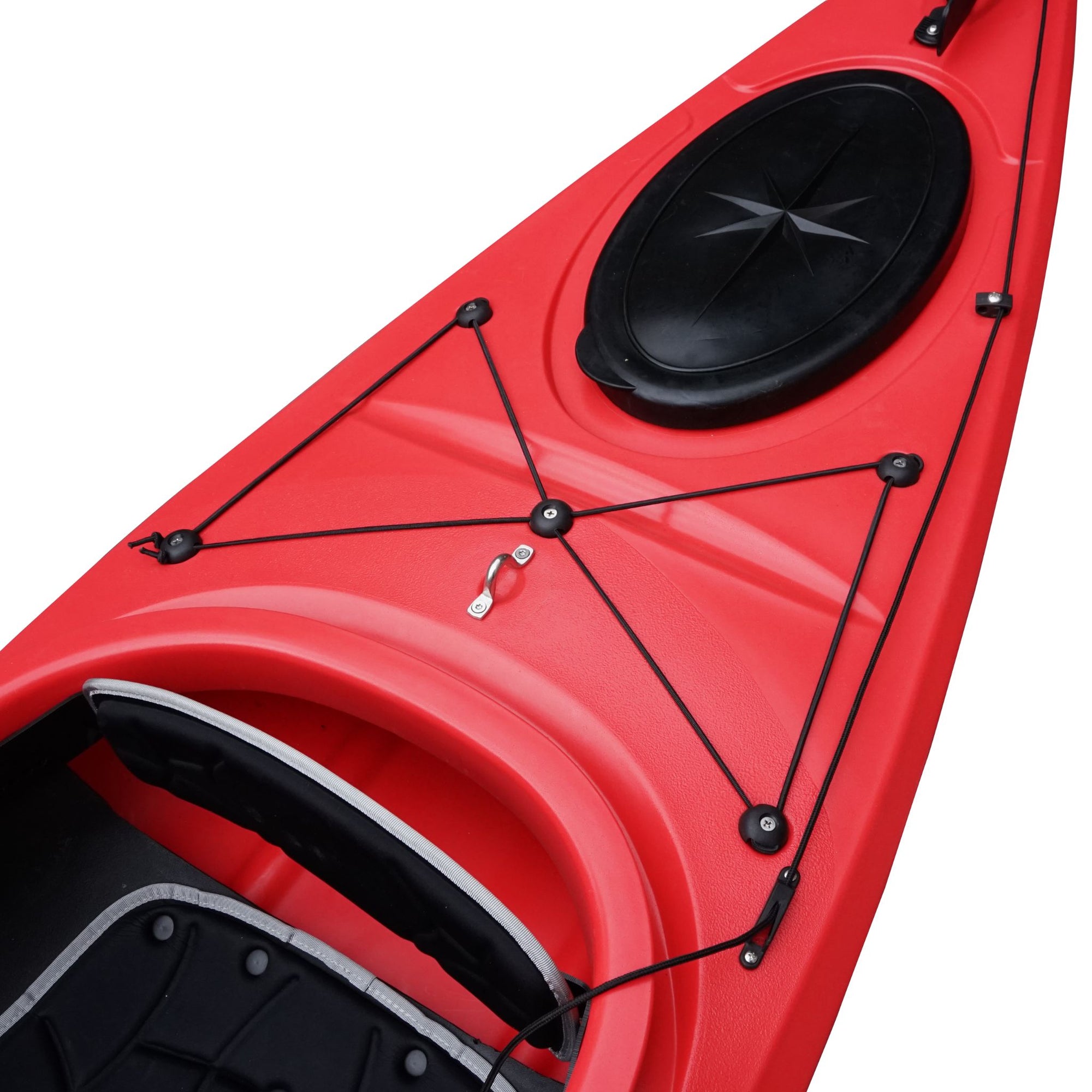 Cockpit view of the Cambridge Kayaks touring kayak in red, featuring ergonomic cockpit with comfortable molded seat.
